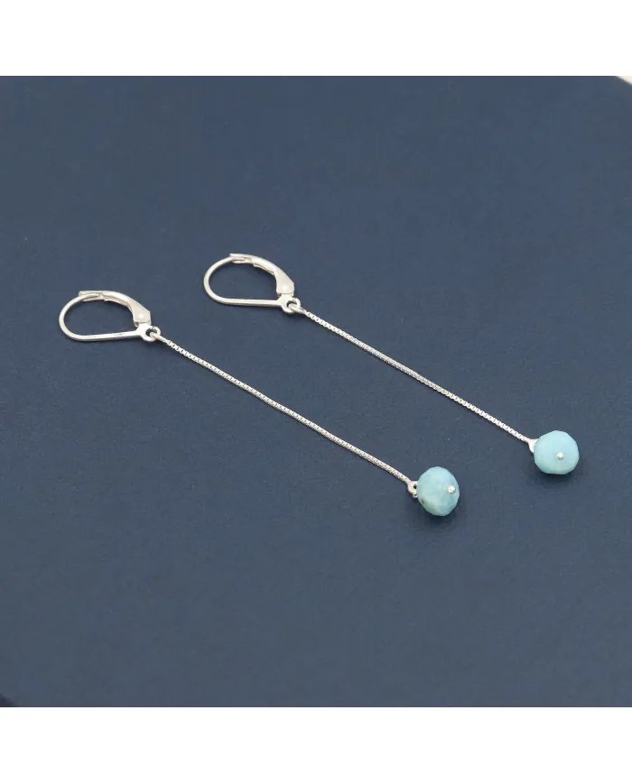 Larimar Dangle Earrings, Sterling Silver Earrings for Women, Box Chain Dangle Earrings, Natural Blue Gemstone Jewelry