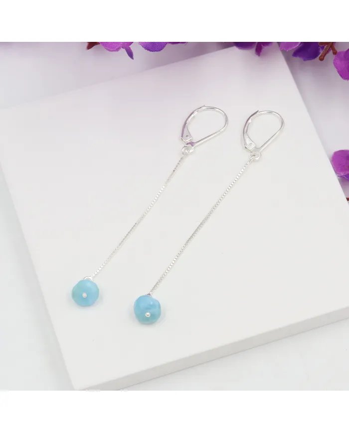 Larimar Dangle Earrings, Sterling Silver Earrings for Women, Box Chain Dangle Earrings, Natural Blue Gemstone Jewelry