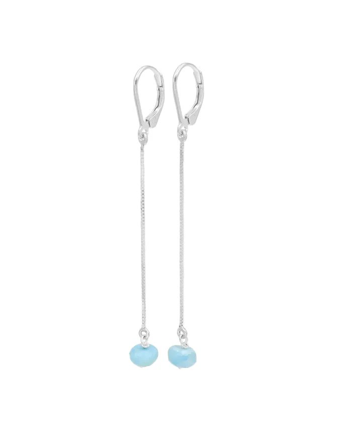 Larimar Dangle Earrings, Sterling Silver Earrings for Women, Box Chain Dangle Earrings, Natural Blue Gemstone Jewelry