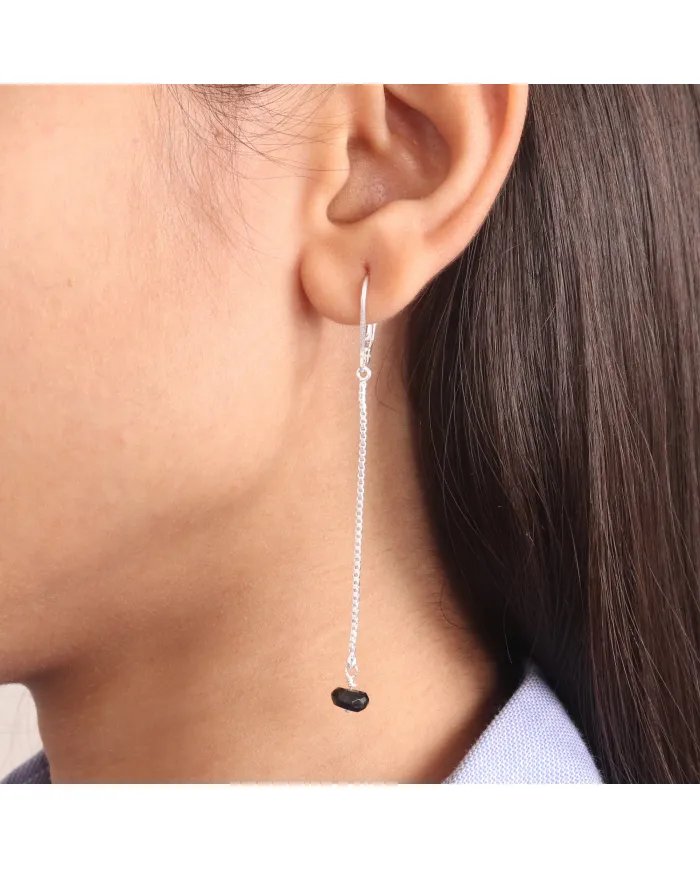 Black Onyx Dangle Earrings, Sterling Silver Earrings for Women, Box Chain Dangle Earrings, Natural Gemstone Jewelry