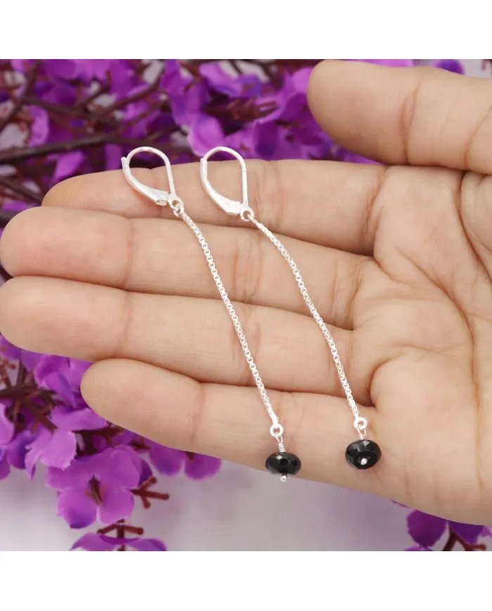 Black Onyx Dangle Earrings, Sterling Silver Earrings for Women, Box Chain Dangle Earrings, Natural Gemstone Jewelry