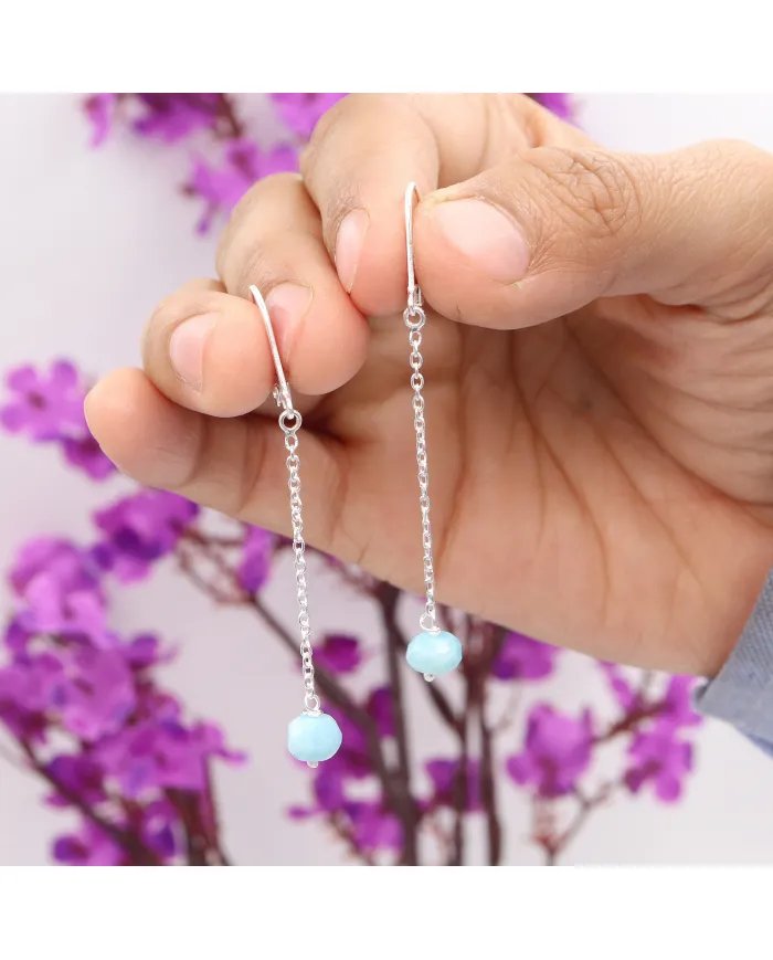 Larimar Dangle Earrings, Sterling Silver Earrings for Women, Link Chain Dangle Earrings, Natural Blue Gemstone Jewelry