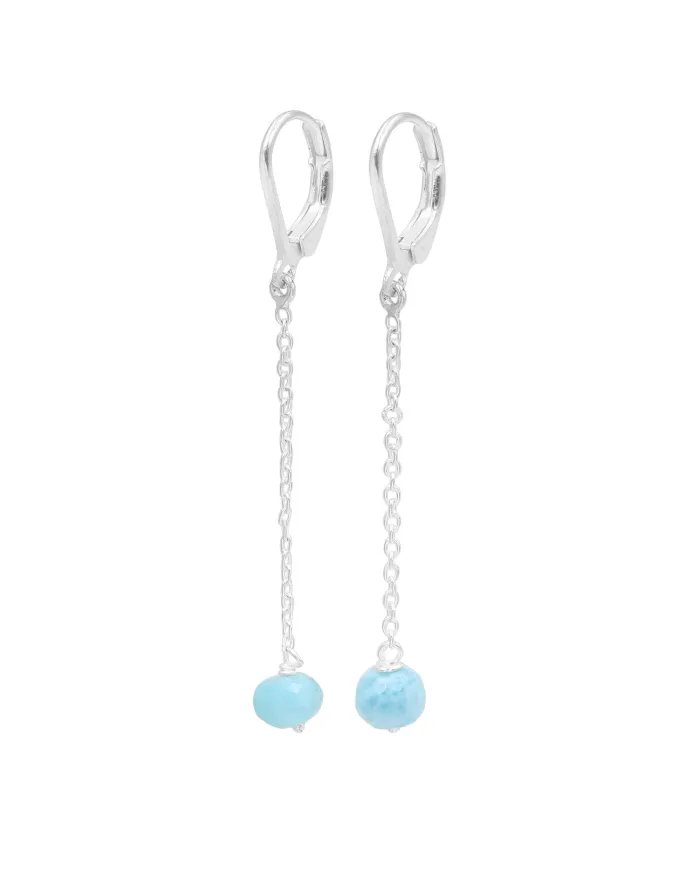 Larimar Dangle Earrings, Sterling Silver Earrings for Women, Link Chain Dangle Earrings, Natural Blue Gemstone Jewelry