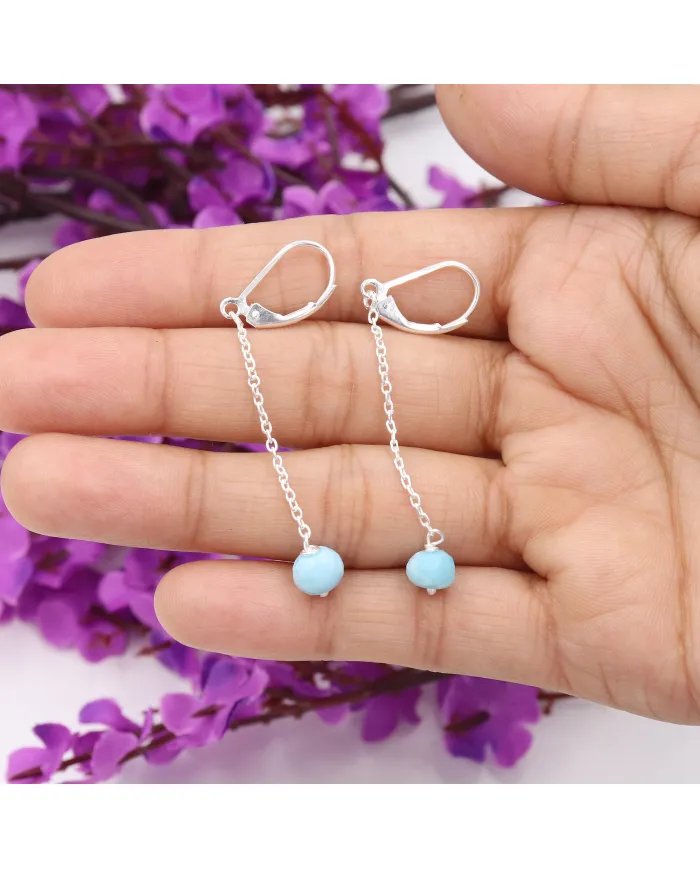 Larimar Dangle Earrings, Sterling Silver Earrings for Women, Link Chain Dangle Earrings, Natural Blue Gemstone Jewelry