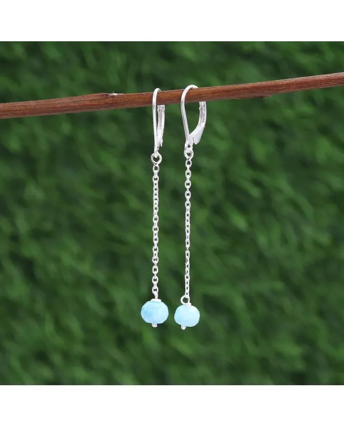 Larimar Dangle Earrings, Sterling Silver Earrings for Women, Link Chain Dangle Earrings, Natural Blue Gemstone Jewelry