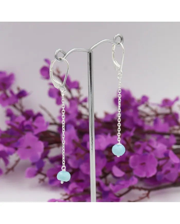 Larimar Dangle Earrings, Sterling Silver Earrings for Women, Link Chain Dangle Earrings, Natural Blue Gemstone Jewelry
