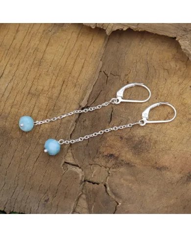Larimar Dangle Earrings, Sterling Silver Earrings for Women, Link Chain Dangle Earrings, Natural Blue Gemstone Jewelry