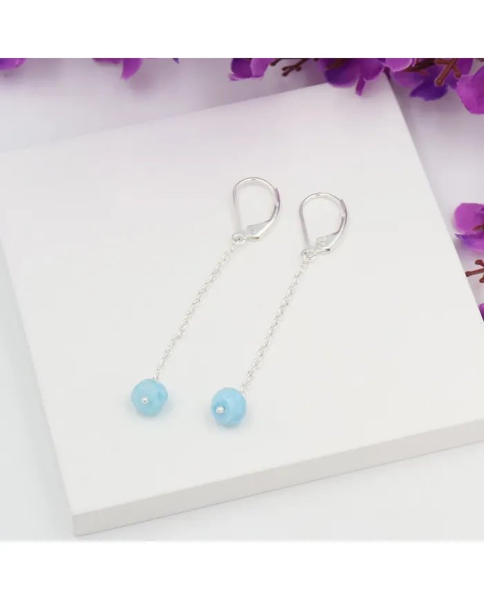 Larimar Dangle Earrings, Sterling Silver Earrings for Women, Link Chain Dangle Earrings, Natural Blue Gemstone Jewelry
