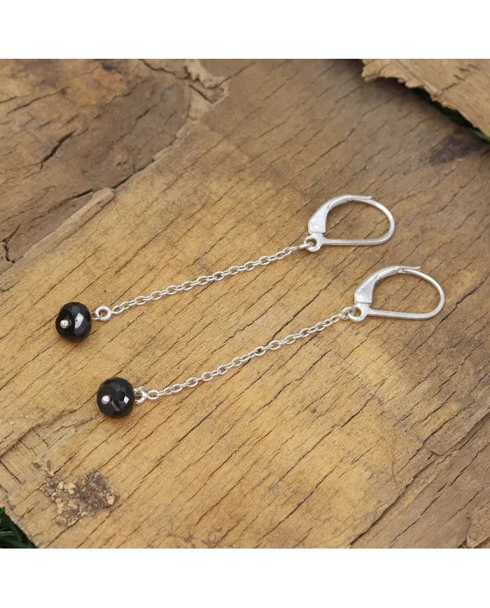 Black Onyx Dangle Earrings, Sterling Silver Earrings for Women, Link Chain Dangle Earrings, Natural Gemstone Jewelry