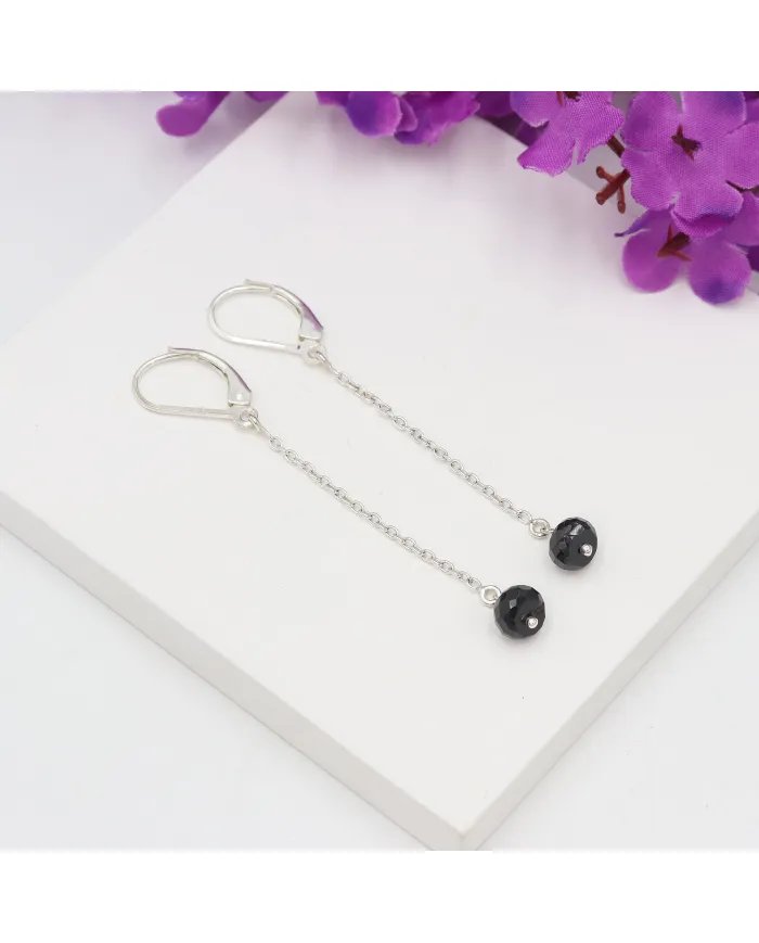 Black Onyx Dangle Earrings, Sterling Silver Earrings for Women, Link Chain Dangle Earrings, Natural Gemstone Jewelry