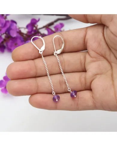 Amethyst Dangle Earrings, Sterling Silver Earrings for Women, Link Chain Dangle Earrings, Natural Gemstone Jewelry