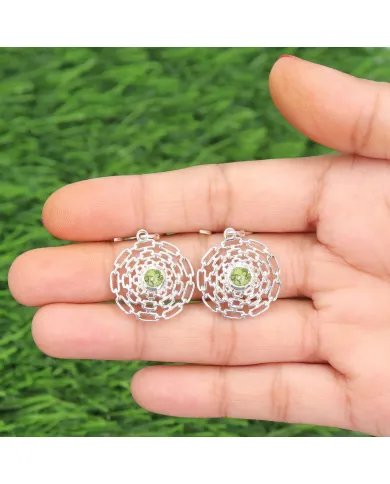 Natural Peridot Flower Earrings - 925 Sterling Silver Handmade Jewelry