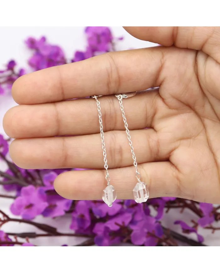 Herkimer Daimond Dangle Earrings, Sterling Silver Earrings for Women, Link Chain Dangle Earrings, Natural Gemstone Jewelry