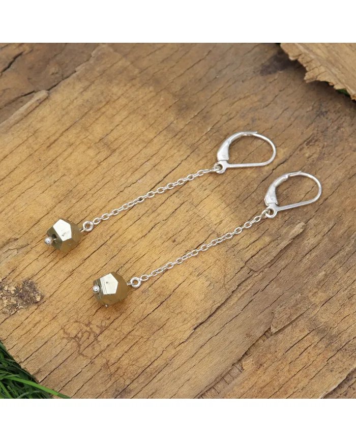 Pyrite Dangle Earrings, Sterling Silver Earrings for Women, Link Chain Dangle Earrings, Natural Gemstone Jewelry