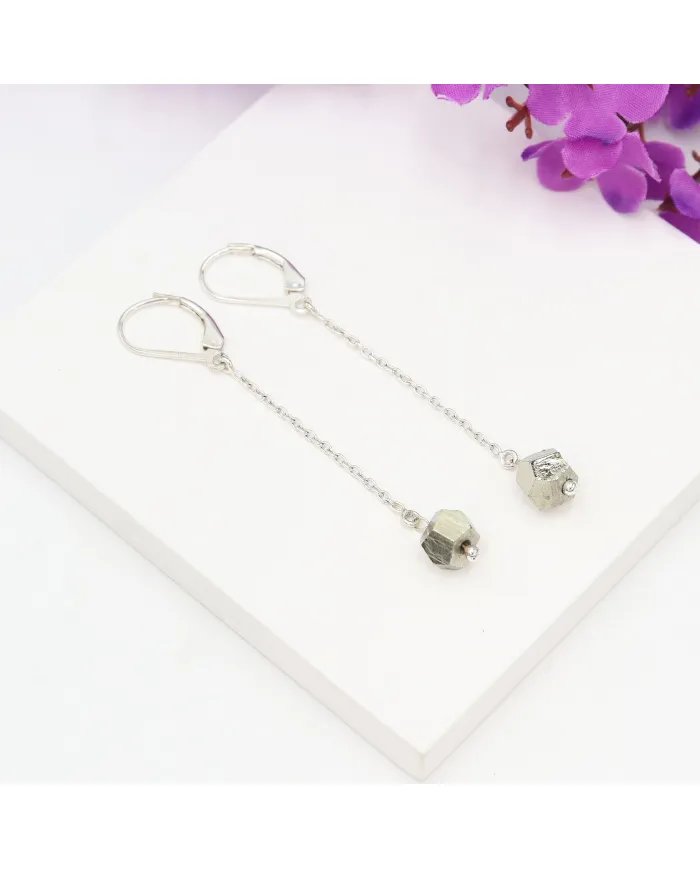 Pyrite Dangle Earrings, Sterling Silver Earrings for Women, Link Chain Dangle Earrings, Natural Gemstone Jewelry