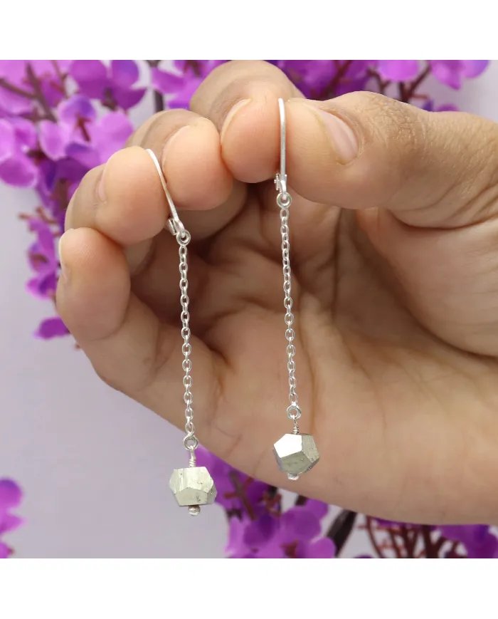 Pyrite Dangle Earrings, Sterling Silver Earrings for Women, Link Chain Dangle Earrings, Natural Gemstone Jewelry