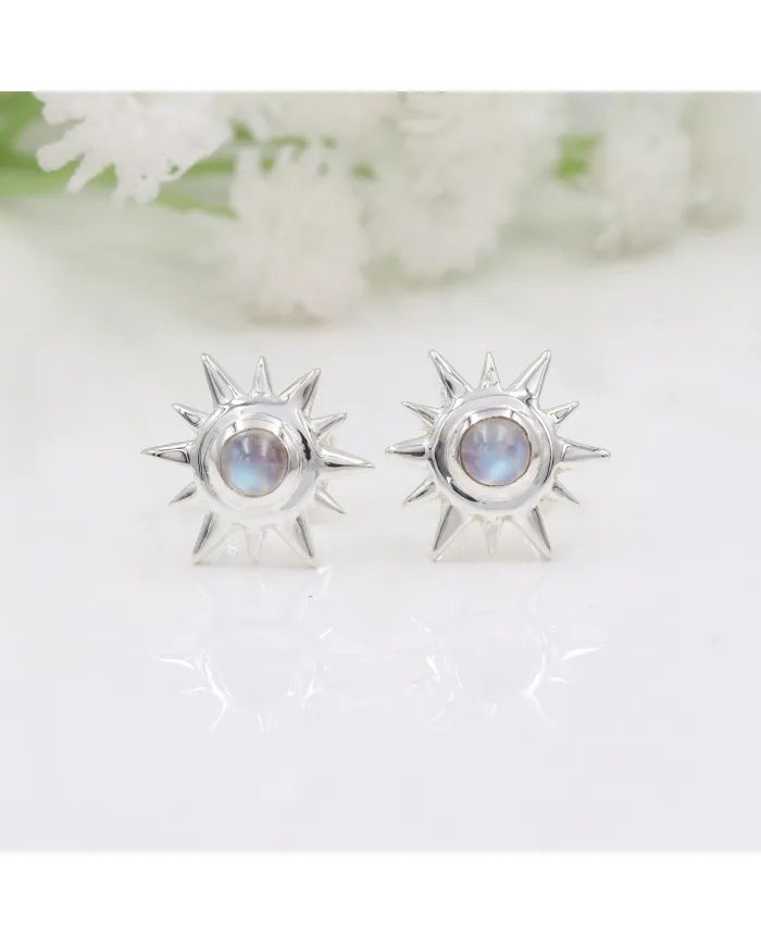 Natural Rainbow Moonstone Studs – Handmade Sterling Silver Earrings for Her