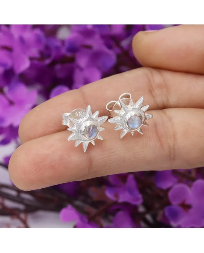 Natural Rainbow Moonstone Studs – Handmade Sterling Silver Earrings for Her