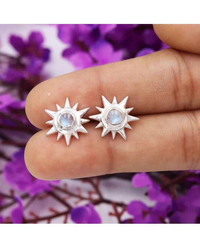 Natural Rainbow Moonstone Studs – Handmade Sterling Silver Earrings for Her