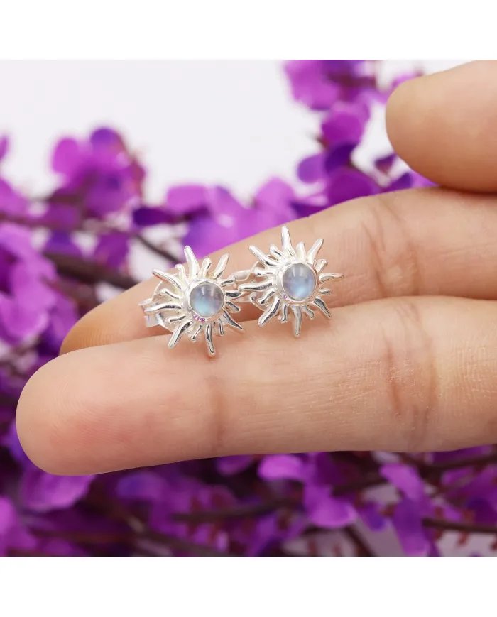Rainbow Moonstone Sunburst Studs – Handmade 925 Sterling Silver Jewelry