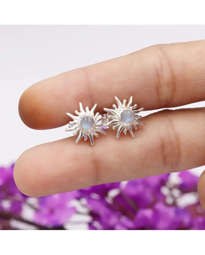 Rainbow Moonstone Sunburst Studs – Handmade 925 Sterling Silver Jewelry