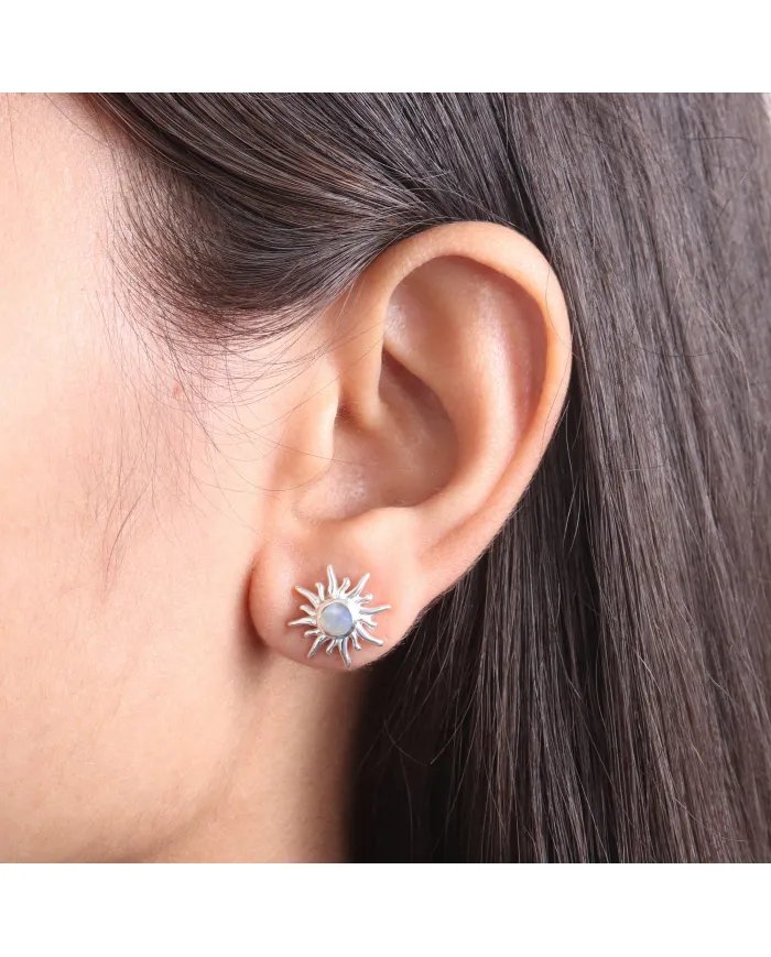 Rainbow Moonstone Sunburst Studs – Handmade 925 Sterling Silver Jewelry