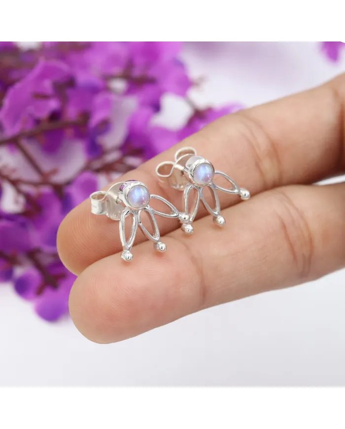 Rainbow Moonstone Stud Earrings – 925 Sterling Silver Gemstone Jewelry