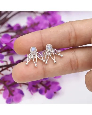 Rainbow Moonstone Stud Earrings – Sterling Silver Earrings for Women, Handmade Gemstone Jewelry, June Birthstone Gift