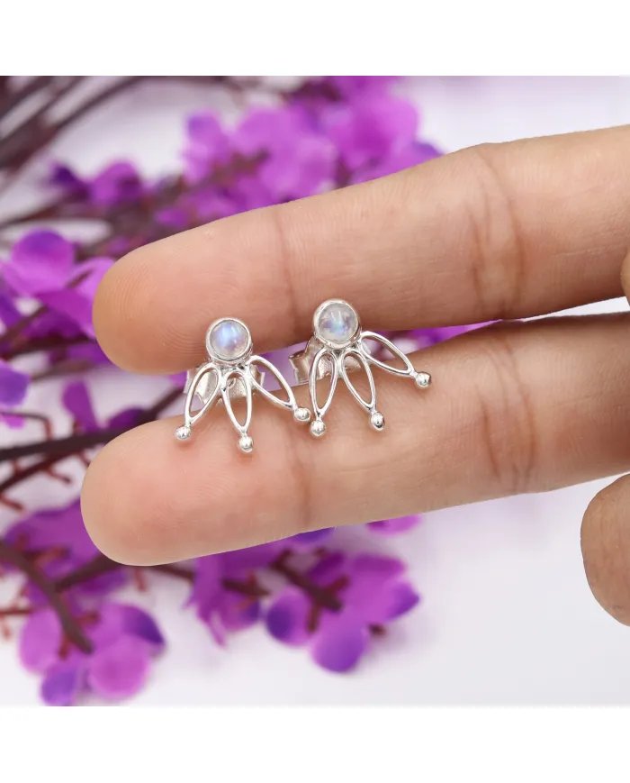 Rainbow Moonstone Stud Earrings – 925 Sterling Silver Gemstone Jewelry