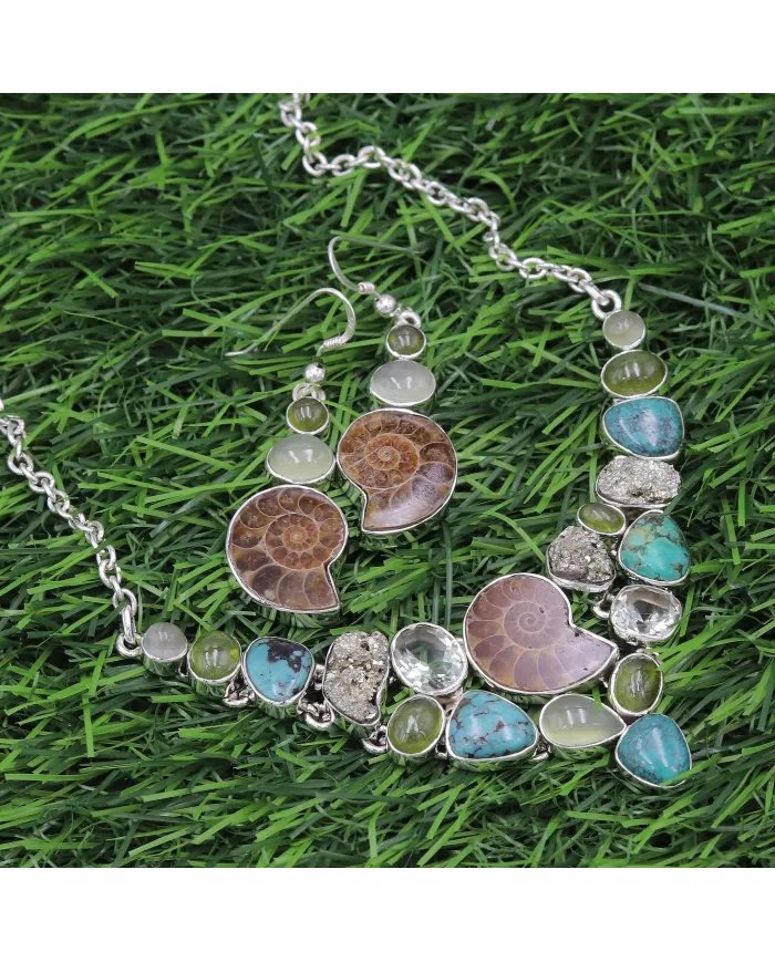 Multi Gemstone Ammonite Necklace Set - Sterling Silver Handmade Delicate Necklace & Earrings for Women