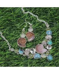 Multi Gemstone Ammonite Necklace Set - Sterling Silver Handmade Delicate Necklace & Earrings for Women