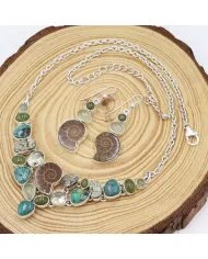 Multi Gemstone Ammonite Necklace Set - Sterling Silver Handmade Delicate Necklace & Earrings for Women