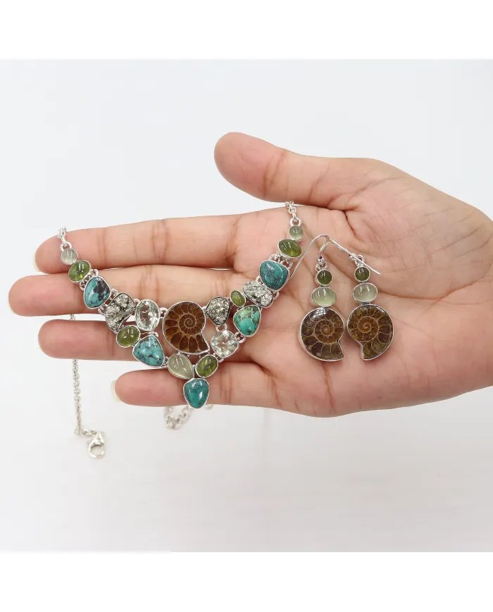 Multi Gemstone Ammonite Necklace Set - Sterling Silver Handmade Delicate Necklace & Earrings for Women
