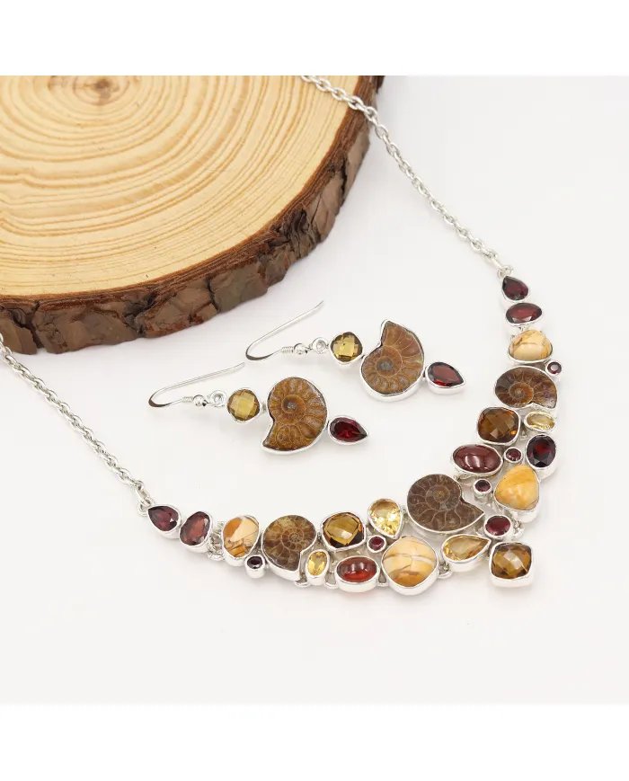 Multi Natural Gemstone Ammonite Necklace Set - Sterling Silver Handmade Delicate Necklace & Earrings for Women