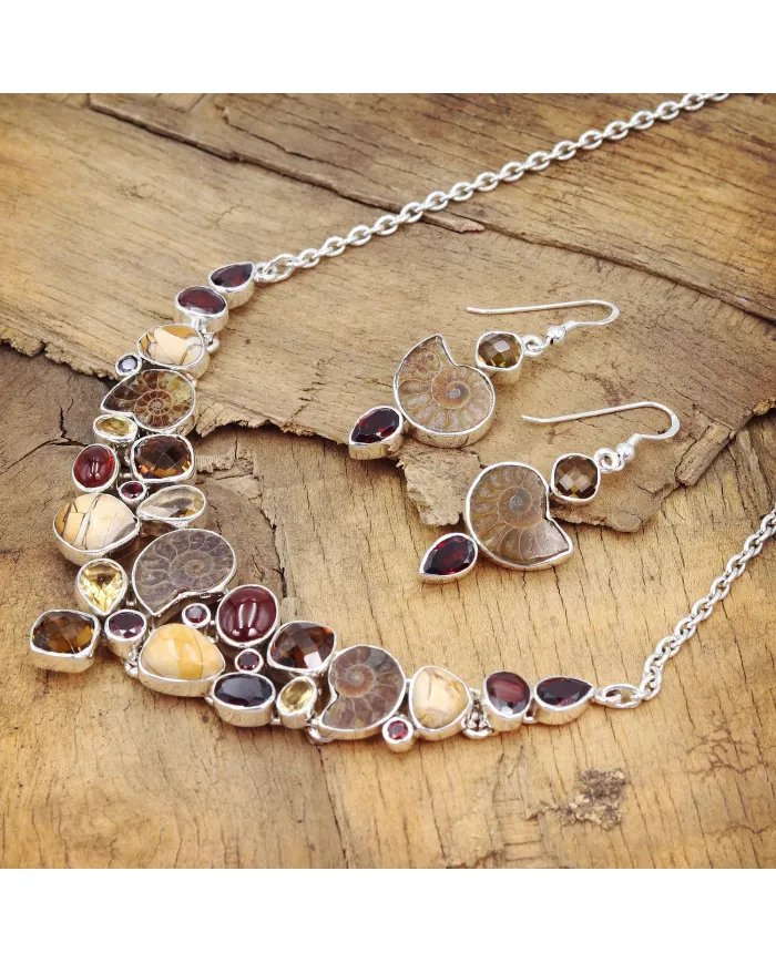 Multi Natural Gemstone Ammonite Necklace Set - Sterling Silver Handmade Delicate Necklace & Earrings for Women
