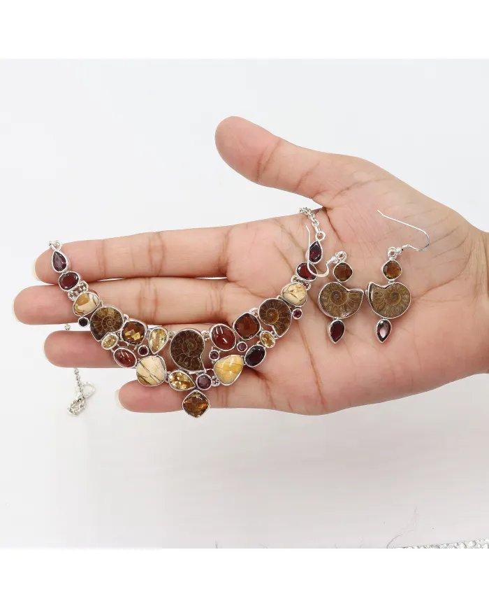Multi Natural Gemstone Ammonite Necklace Set - Sterling Silver Handmade Delicate Necklace & Earrings for Women