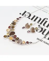 Multi Natural Gemstone Ammonite Necklace Set - Sterling Silver Handmade Delicate Necklace & Earrings for Women