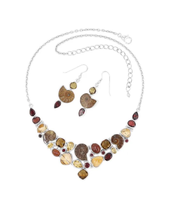 Multi Natural Gemstone Ammonite Necklace Set - Sterling Silver Handmade Delicate Necklace & Earrings for Women