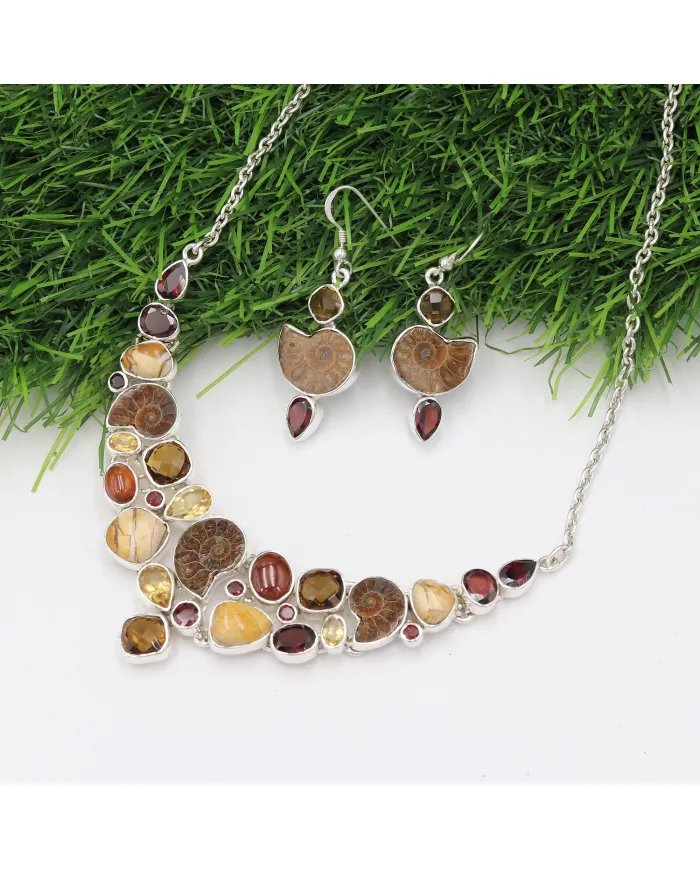 Multi Natural Gemstone Ammonite Necklace Set - Sterling Silver Handmade Delicate Necklace & Earrings for Women