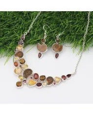Multi Natural Gemstone Ammonite Necklace Set - Sterling Silver Handmade Delicate Necklace & Earrings for Women