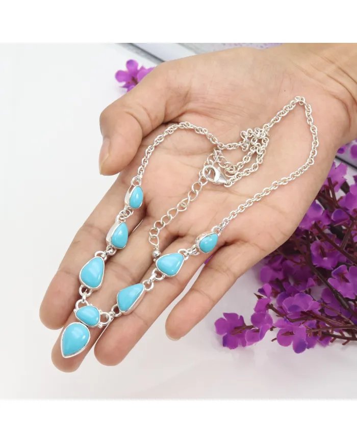 Natural Arizona Turquoise Collar Necklace - 925 Sterling Silver Jewelry