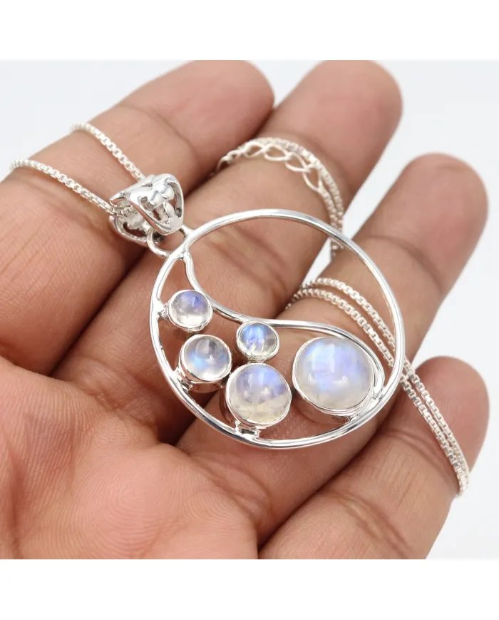 Rainbow Moonstone Pendant - 925 Sterling Silver Minimalist Necklace
