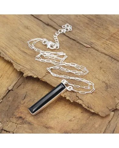 Black Onyx Necklace - Sterling Silver Pendant Handmade Baguette Necklace for Her