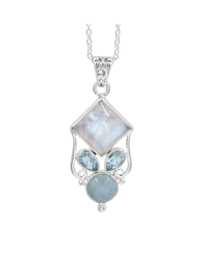Natural Aquamarine Pendant - Sterling Silver Necklace Moonstone Charms Pendant Sky Blue Topaz Necklace Handmade Jewelry