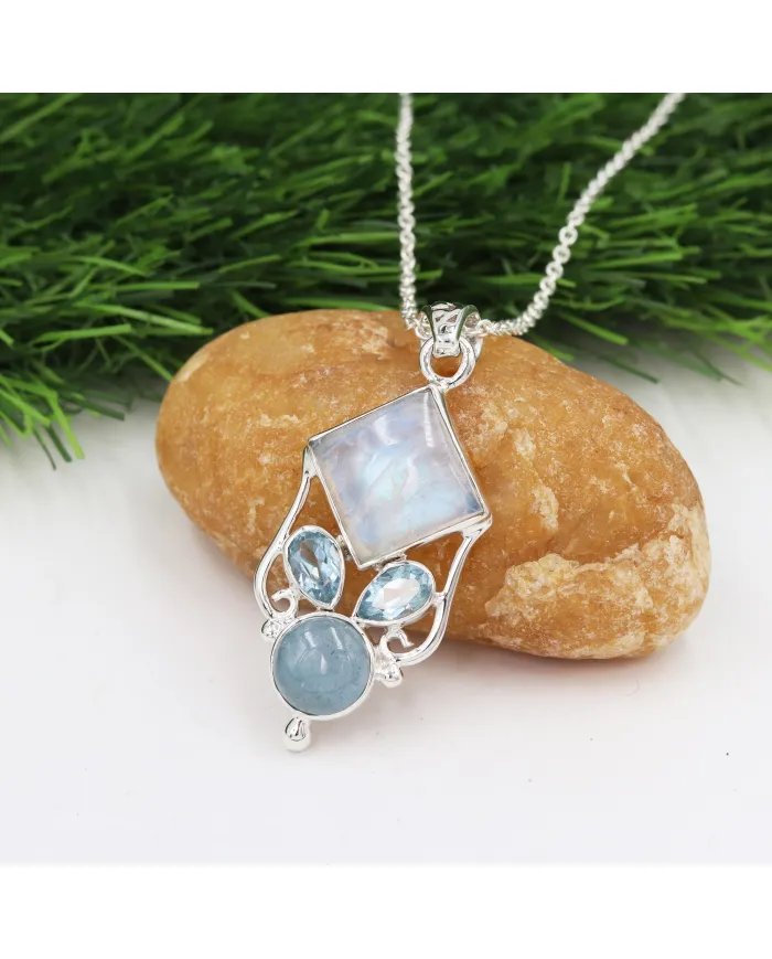 Natural Aquamarine Pendant - Sterling Silver Necklace Moonstone Charms Pendant Sky Blue Topaz Necklace Handmade Jewelry