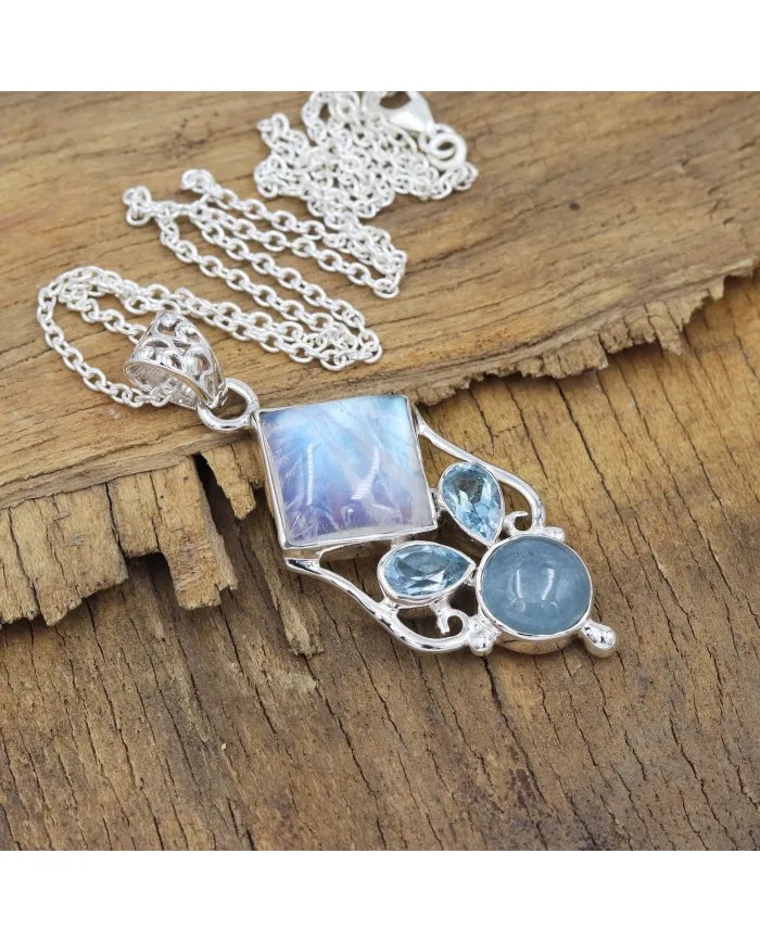 Natural Aquamarine Pendant - Sterling Silver Necklace Moonstone Charms Pendant Sky Blue Topaz Necklace Handmade Jewelry