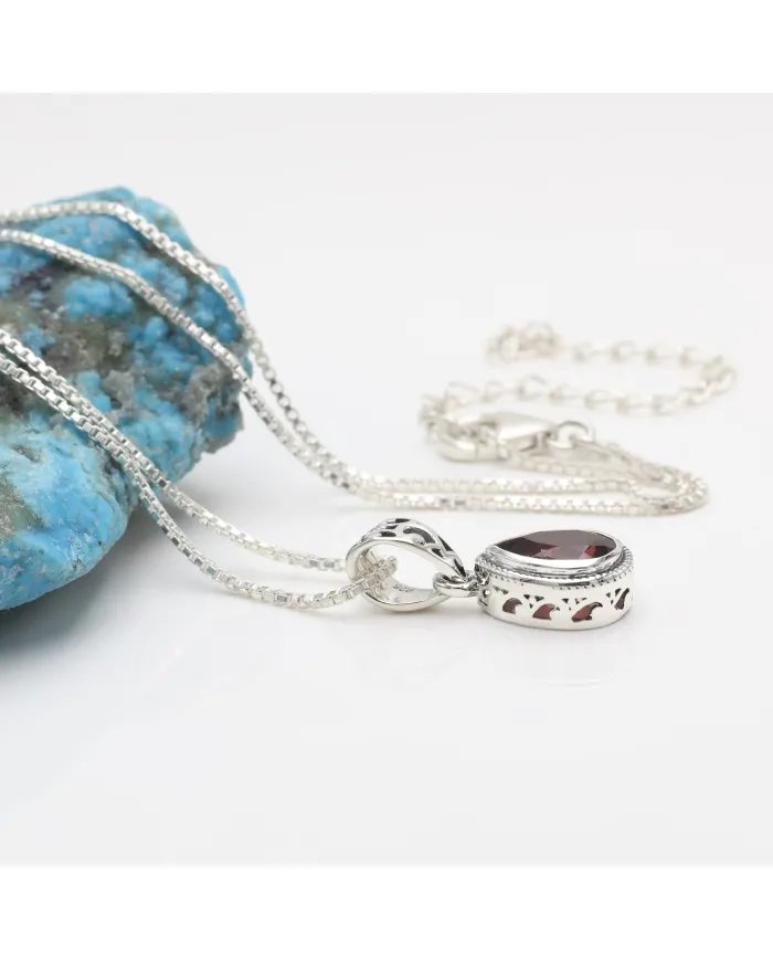 Garnet Pendant Necklace - Sterling Silver Necklace Handmade Minimalist Pendant January Birthstone Pendant for Women