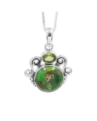 Green Copper Turquoise & Peridot Pendant - 925 Sterling Silver Jewelry