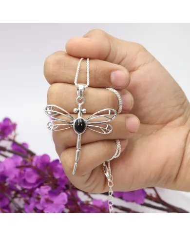 Black Onyx Dragonfly Pendant - 925 Sterling Silver Statement Necklace