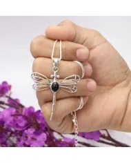 Black Onyx Dragonfly Pendant - 925 Sterling Silver Statement Necklace
